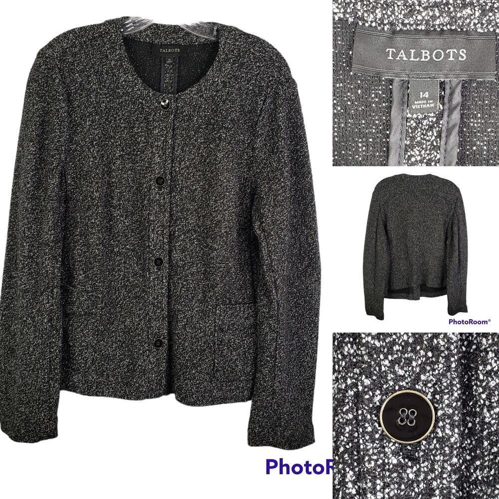 Talbots Blazer Women's Size 14 Long Stretch Knit Black Sparkle Holiday Glitter
